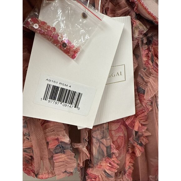 Mac Duggal Side 4 Pink Floral A9151 Long Sleeve V Neck Cut Out Mesh Mini Dress - Picture 8 of 11